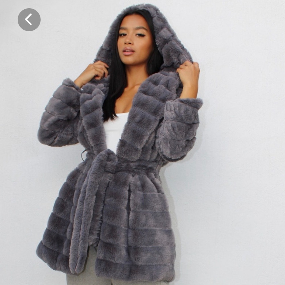 Petite grey fur tie front coat